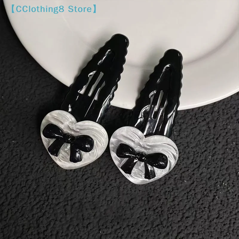 Lot de 2/6 pinces à cheveux en forme de cœur noir avec nœud ondulé, style BB, pour filles énergiques, douces et cool, polyvalentes, nouveau style, 【AliS8】