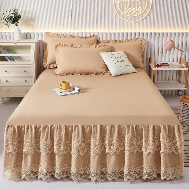 

Korean Style Lace Bed Skirt Solid Color Wrap Around Dust Ruffle Bedskirt - Easy Fit Elastic Strap - Wrinkle Free, Machine Wash