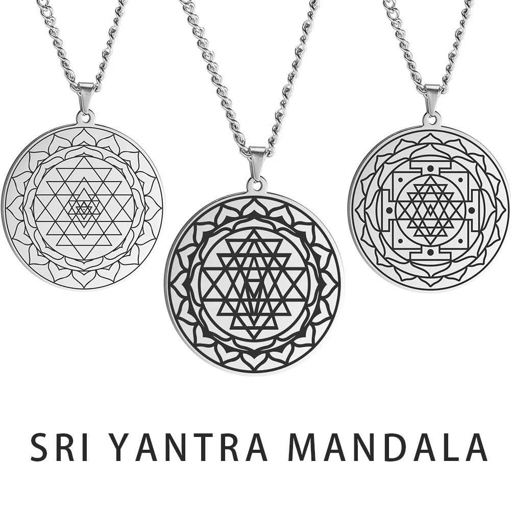 LIKGREAT Sri Yantra Mandala Pendant Necklace Stainless Steel Women Men Chakra Yoga Sacred Geometry Meditation Spiritual Jewelry