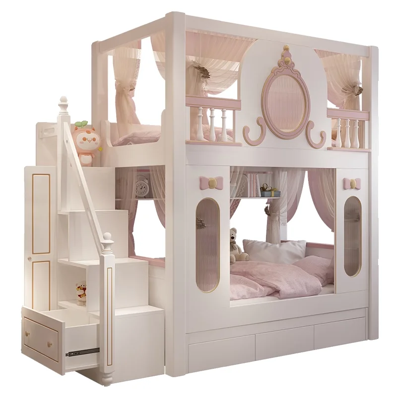 

Pink high and low bed, girl bunk bed, tree house slide, castle high guardrail, mother and child, princess
