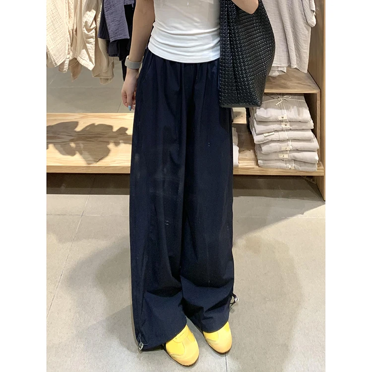 กางเกงขายาวเอวสูงแบบต่อผ้าสำหรับผู้หญิง ทรงหลวมใส่สบายสำหรับฤดูร้อน กางเกงวอร์มทรงตรง เอวยางยืด
