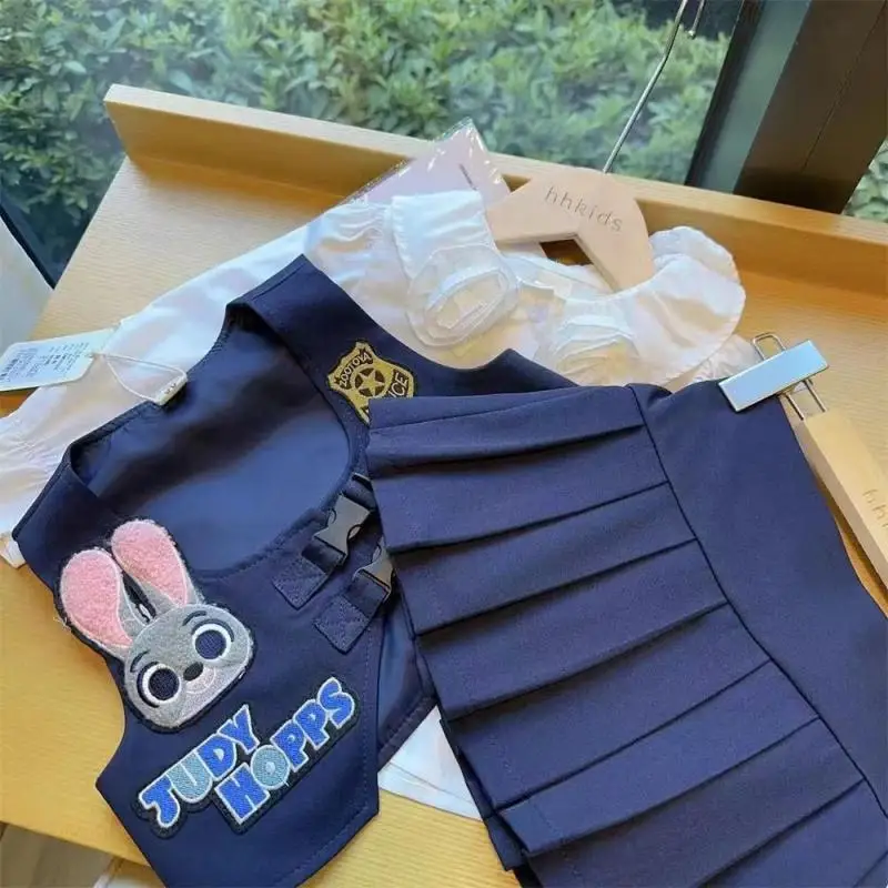 Girls Vest Set Spring Autumn New Cartoon Rabbit Police Decal Vest + Shirt + Pleated Skirt Three-Piece Set Fashion Girl Clothes