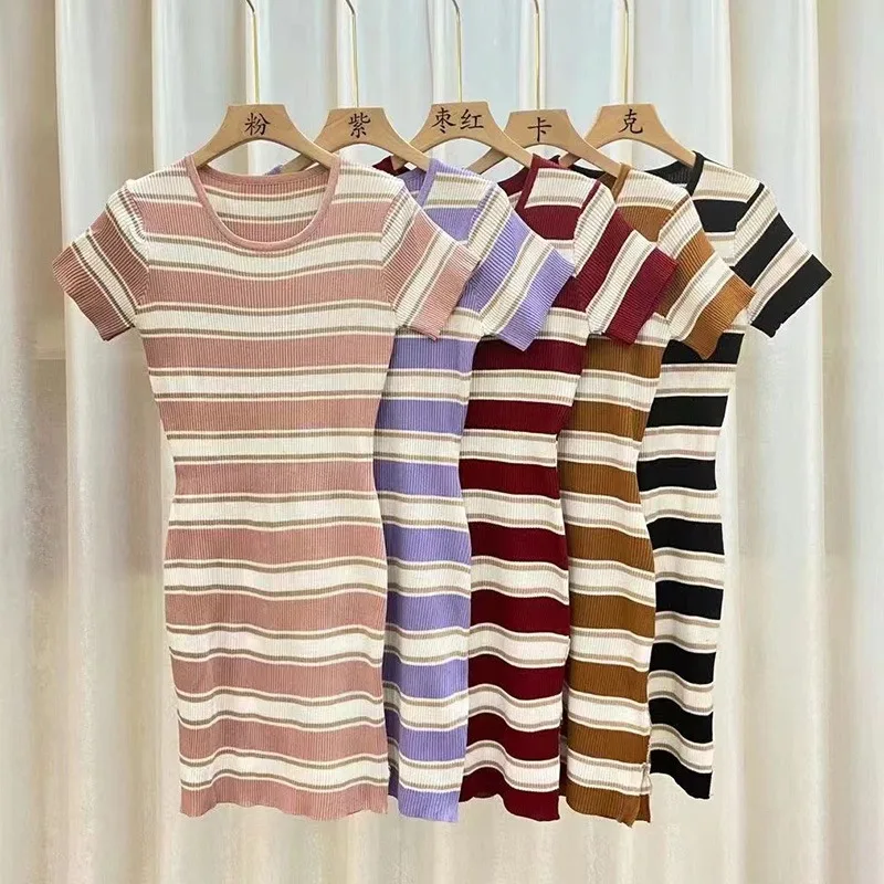

Women's Dress Fashion Slit Striped Temperament Elegant Short Sleeved Crew Neck