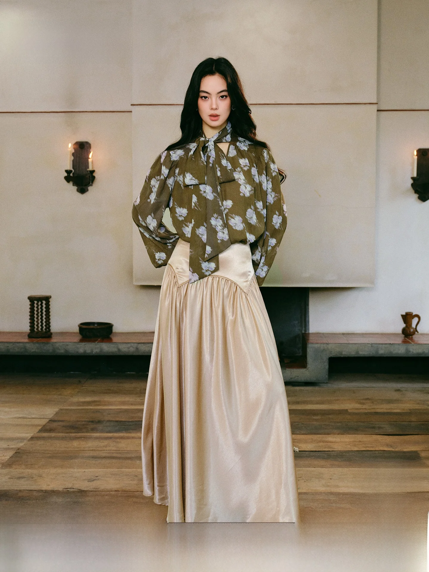J TheChosen Rain Afterward Moss Draped Collar Shirt Satin Texture High Waist Umbrella Swing Half Skirt Set Women's Fashion En...
