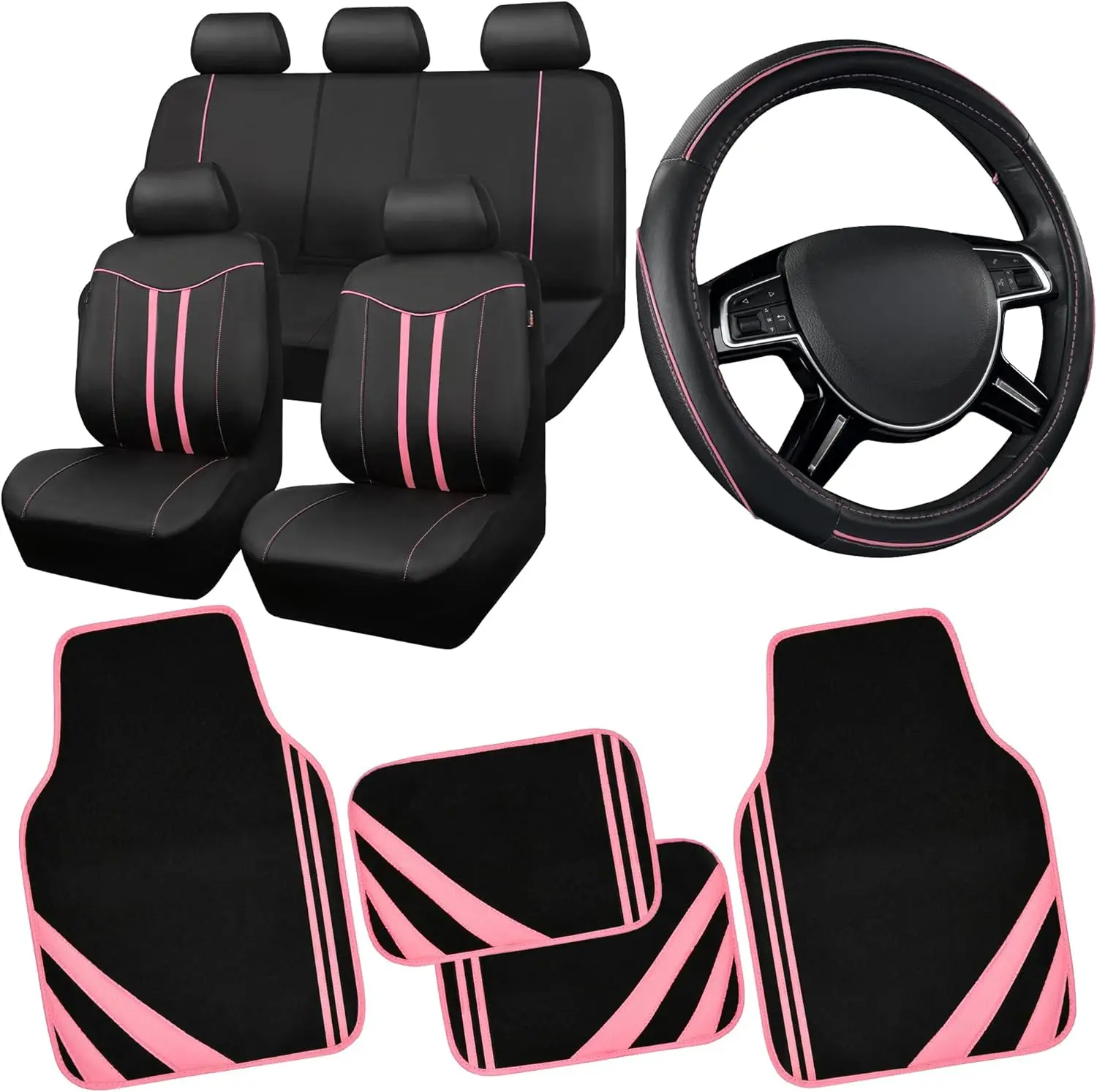 

Car Seat Covers Full Set with Waterproof Floor Mats, Anti-Slip Leather Steering Wheel Cover, Universal Fit for SUVs, Vans