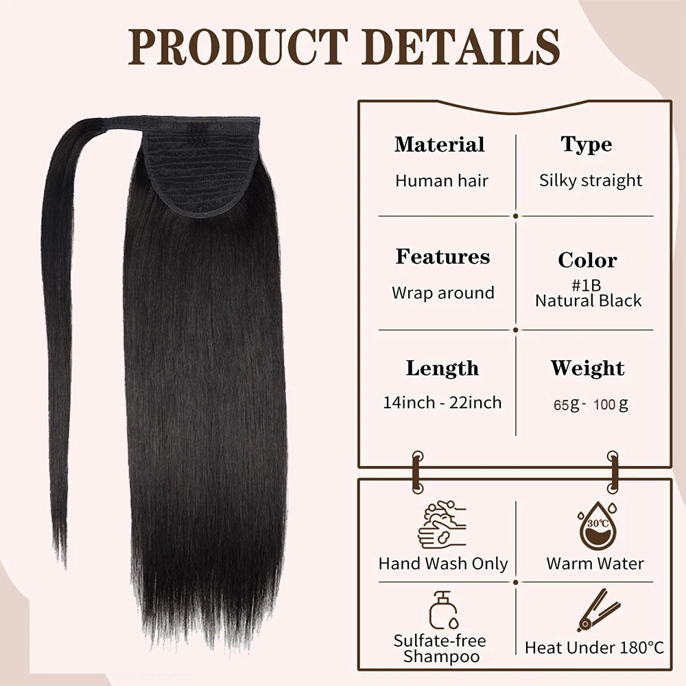 Extensiones de cola de caballo 100% cabello humano con Clip en pasta mágica, cola de caballo Invisible, envoltura alrededor recta, negro Natural