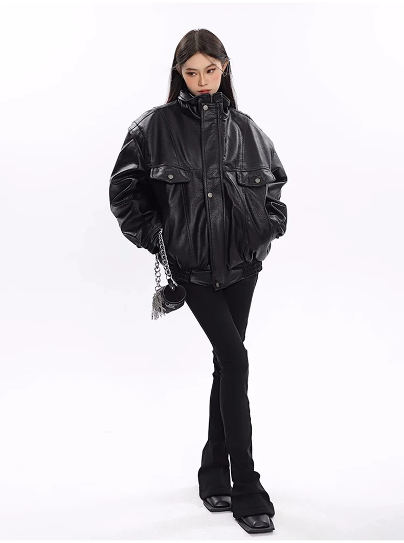 Nerazzurri Spring Autumn Oversized Cool Windproof Thick Black Pu Leather Jacket Women Zip Up Luxury Designer Unisex Clothes 2023
