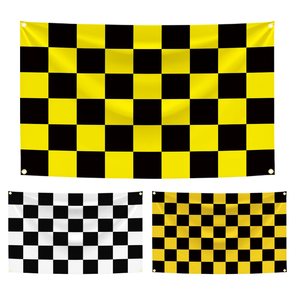 90x150cm Black and Yellow Check Flag Checkered Tapestry Polyester Digital Printing Banner Garage Wall Art Out Door Decoration