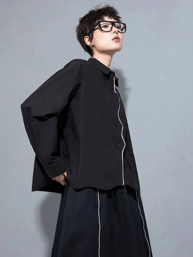 Big Women Black Color-block Size Blouse New Lapel Long Sleeve Loose Fit Shirt Fashion Spring Autumn 2026 X5S8W