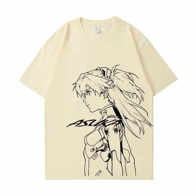 Heavyweight Pure Cotton EVA Anime Short-sleeved Unit-01 Asuka T-shirt Summer New Mecha Loose Off-the-shoulder Top for Men and view 3