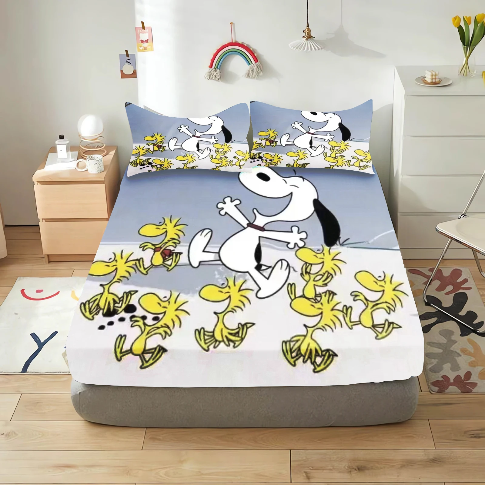 Snoopy conjunto de cama dos desenhos animados lençóis cabidos colcha feliz filhote de cachorro conjunto capa king size crianças impresso 100% poliéster