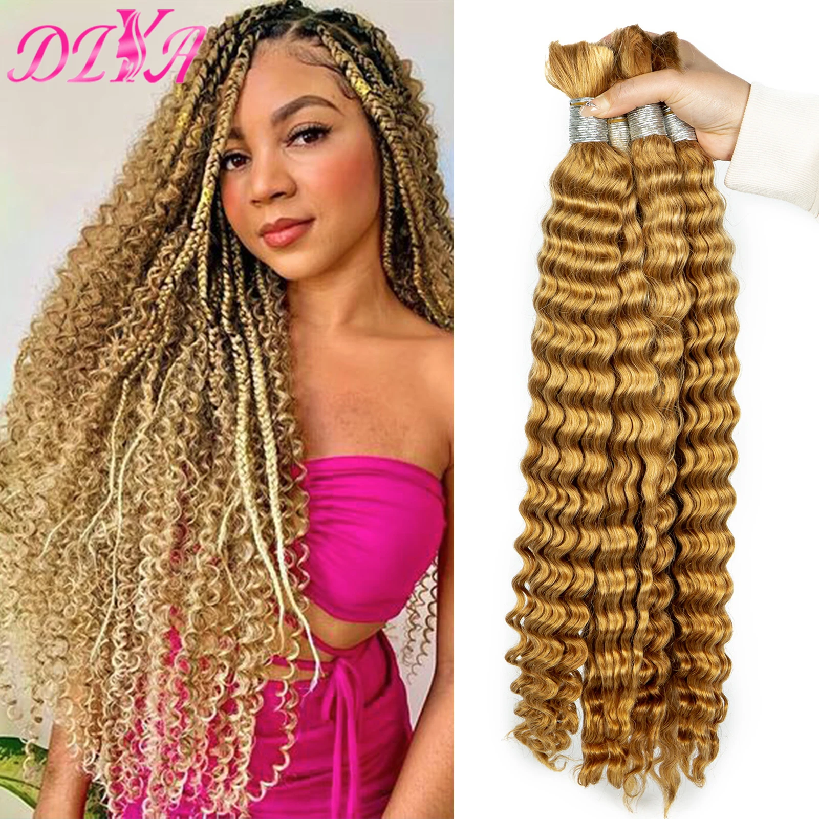 

100% Human Hair Bulk 16-28 Inches No Weft Virgin Hair Bundles Extensions 27# Honey Blonde Deep Wave Hair Bulk for Boho Braiding