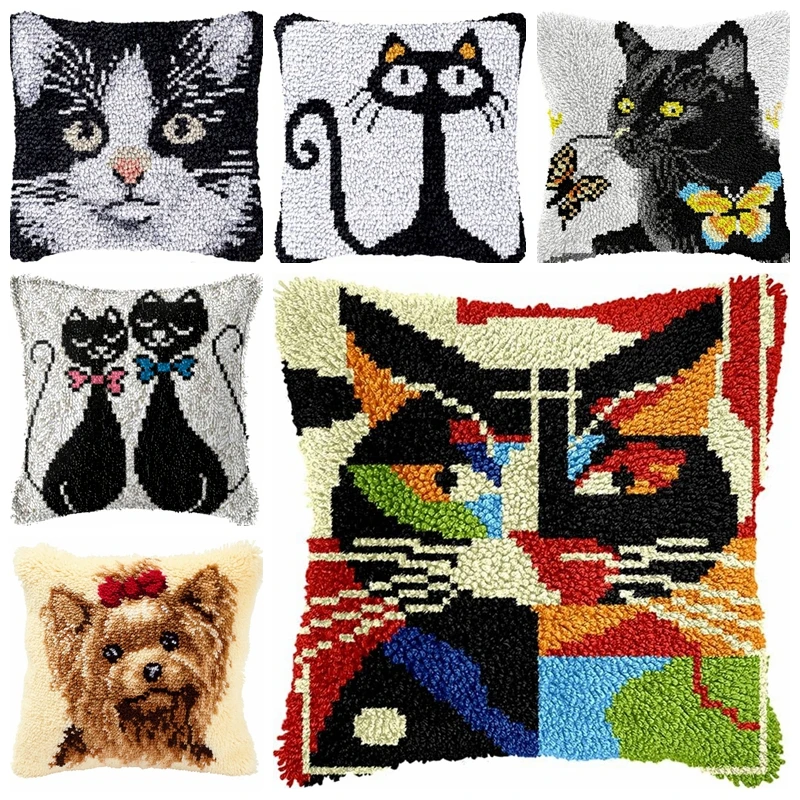 Cartoon Cat Latch Hook Embroidery Cushion Pillows Knot Pillow Package Set For Needlework Animal Pattern Pattern Latch Hook