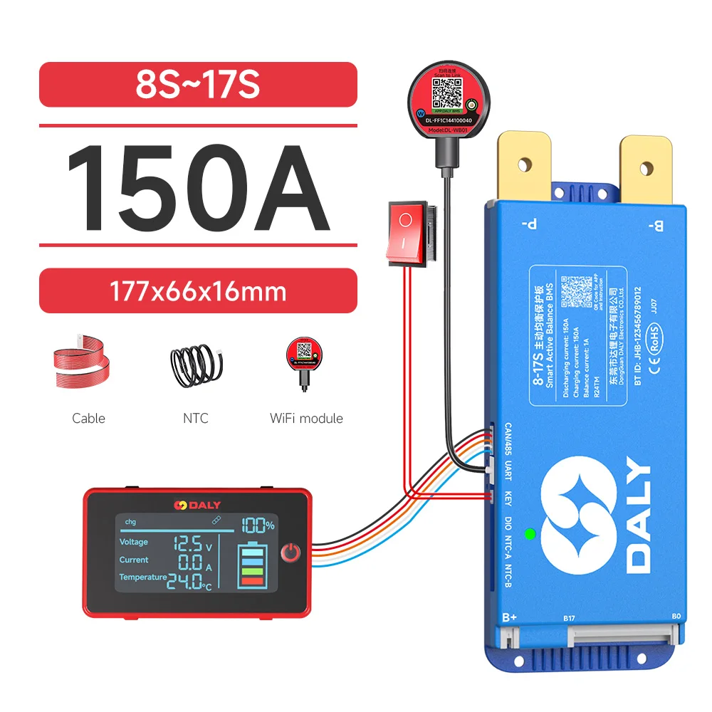 DALY Smart BMS 4S 8S 16S 40A 60A 100A 150A 200A 12V 24V 48V LiFePo4 1A Actieve Balancer BMS met LCD RS485 UART WIFI KEY