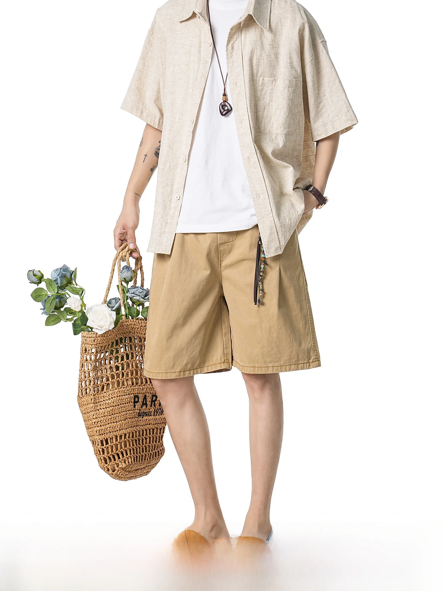 Khaki Workwear Short Pants Men's Straight Leg Five-Quarter Length Outdoor Summer Casual Cotton Trousers Youth Fashion