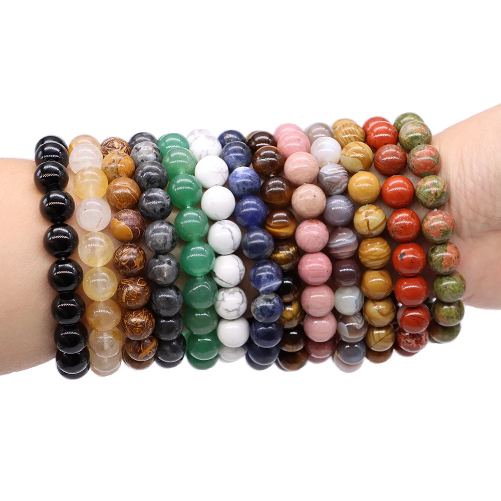 1pc Polished Round Beads Bracelet Natural Stones Tiger Eye Volcanic Lava Amethyst Healing Crystal Wrist Chain Women Men Jewelry