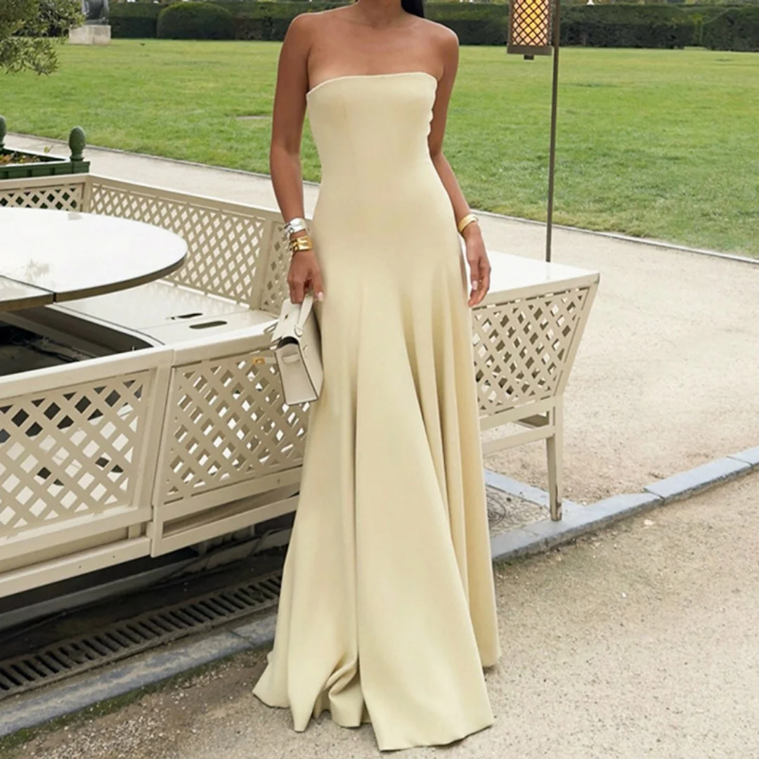 Leichtes Leinen-A-Linien-Kleid für Damen, Sommer 2022, lässiges, solides Midikleid mit Taschen, trägerlos, lang, für Damen, Urlaubsmode