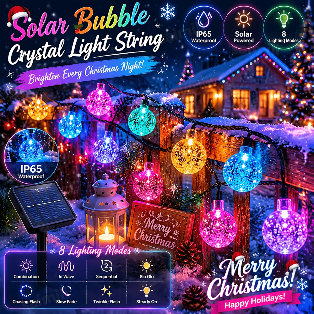 Solar Crystal Ball String Lights Auto Dusk On Weatherproof 8 Modes 8-12H Long Working Time For Outdoor Yard Landscape Decoration