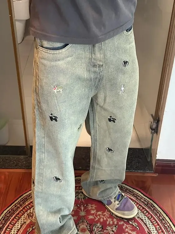 

Waed Denim Jeans Embroidered Loose Straight Leg Men's Women's Trendy Vintage Streetwear Casual ex Jeans American Sle