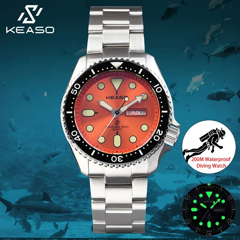 KEASO Top Mens Dive Sport Watch MIYOTA 2035 Quartz Movement C3 Super Luminous 316L Solid Steel 200M Waterproof Sapphire Watch