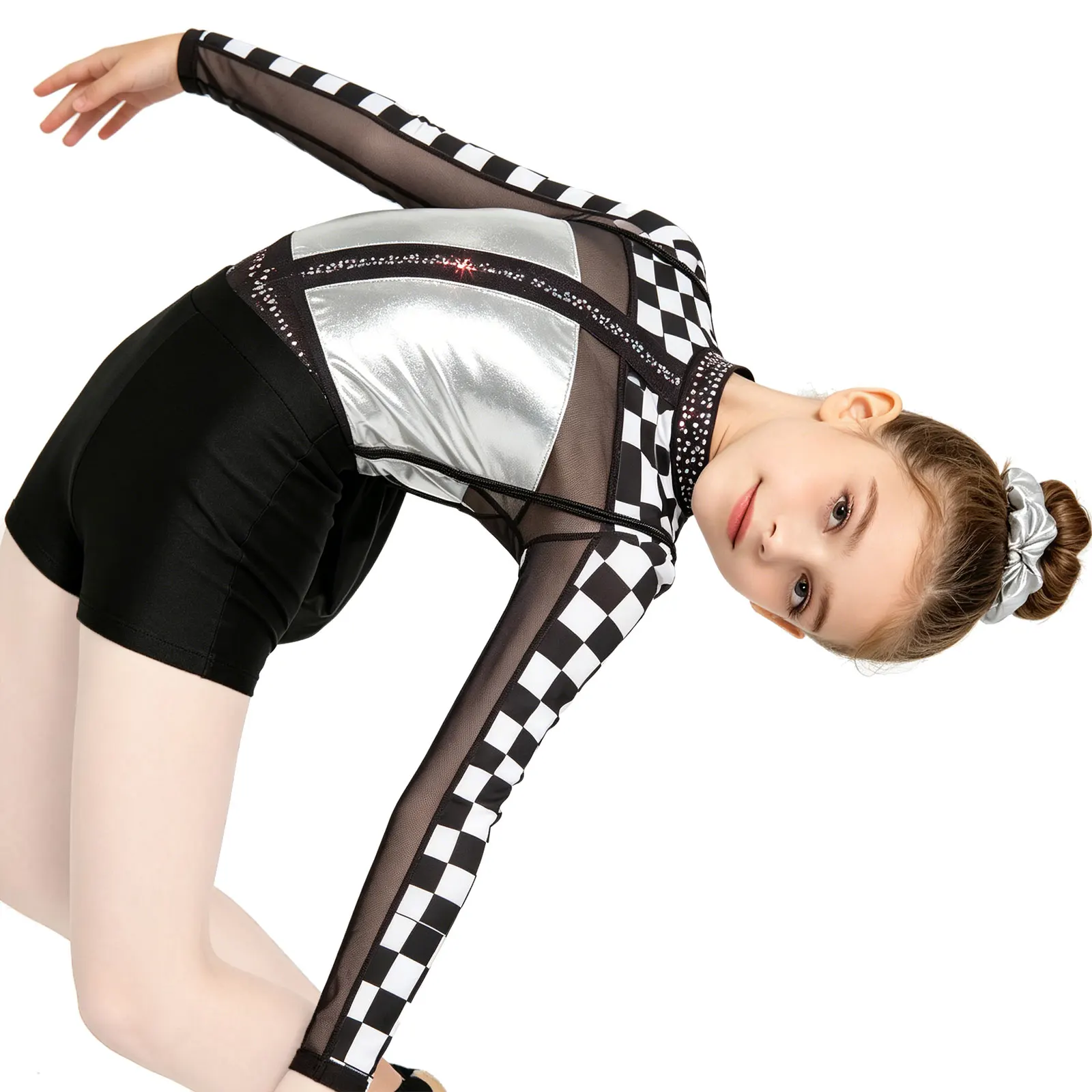 

Kids Girls Ballet Gymnastics Leotard Long Sleeve Patchwork Dance Bodysuit Shorts Headwear for Figure Skating Dance Performance