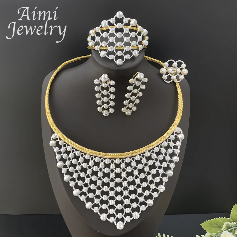 Irregular Luxury 4Pcs Jewelry Set for Women Exaggerated Choker Necklace Earring Bracelet Ring African Bridal Wedding Party Gifts