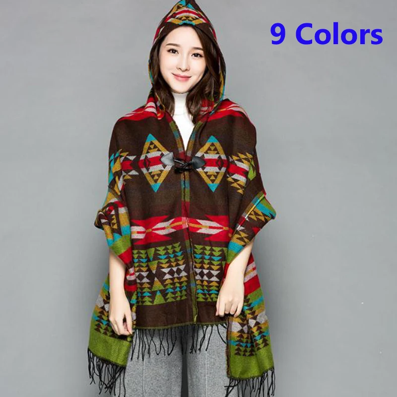 

9 Colors Multifuntional Women Ponchos Hooded Lady Tassel Winter And Autumn Capes Wineproof Natioinal Shawls Outwear Wraps