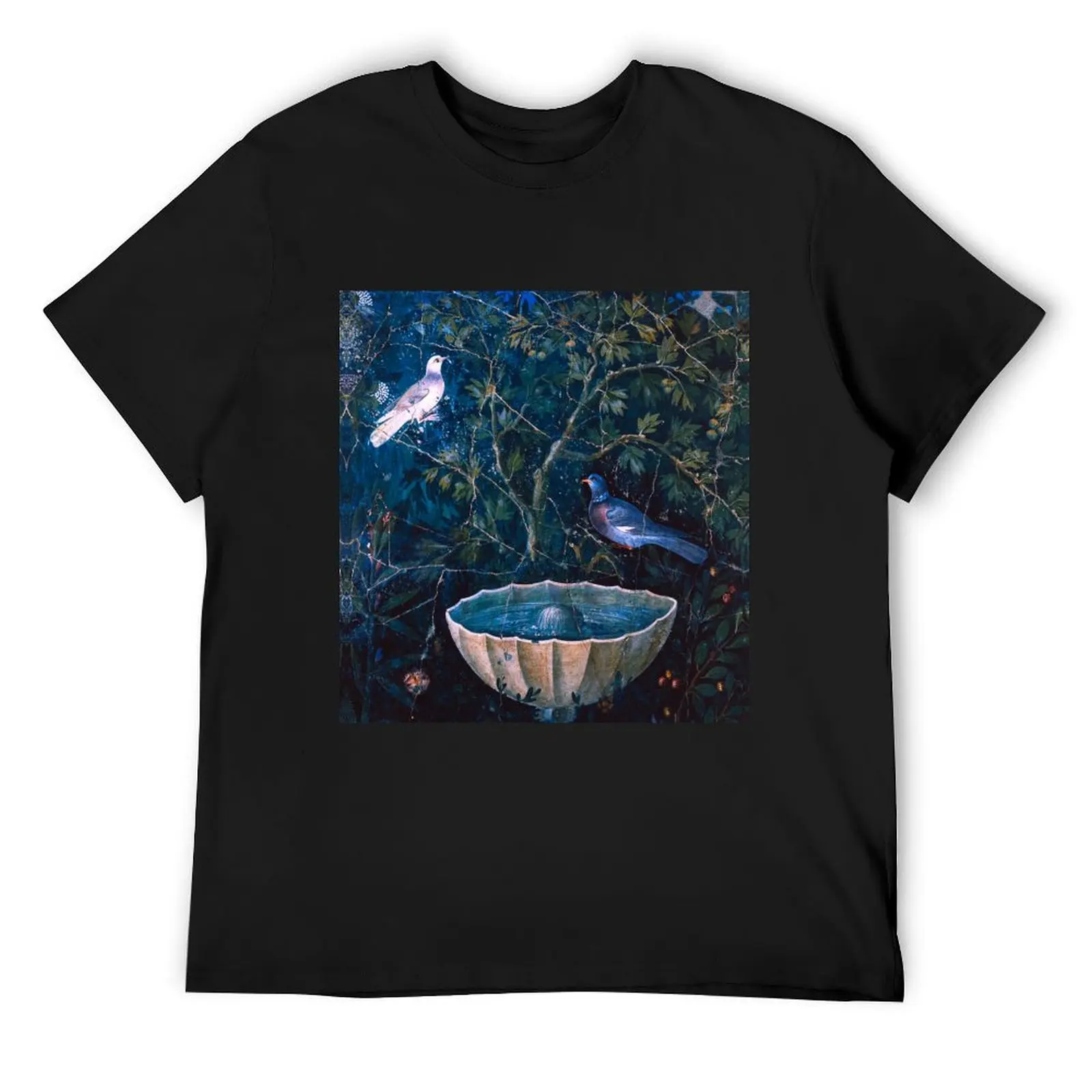 POMPEII COLLECTION / DOVES AND FOUNTAIN IN GARDEN ,BLUE GREEN FLORAL T-Shirt plus size tops tees Men's cotton t-shirt