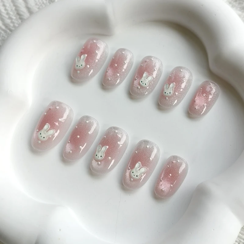 10 Stück Niedliche 3D Polka Dot Hasen Neue Katzenaugen Nagelkunst Kurze Mandel-Form Liebliche Erdbeer-Kaninchen Wiederverwendbare Nagelaufkleber Aufklebbare Nägel – Detail 9
