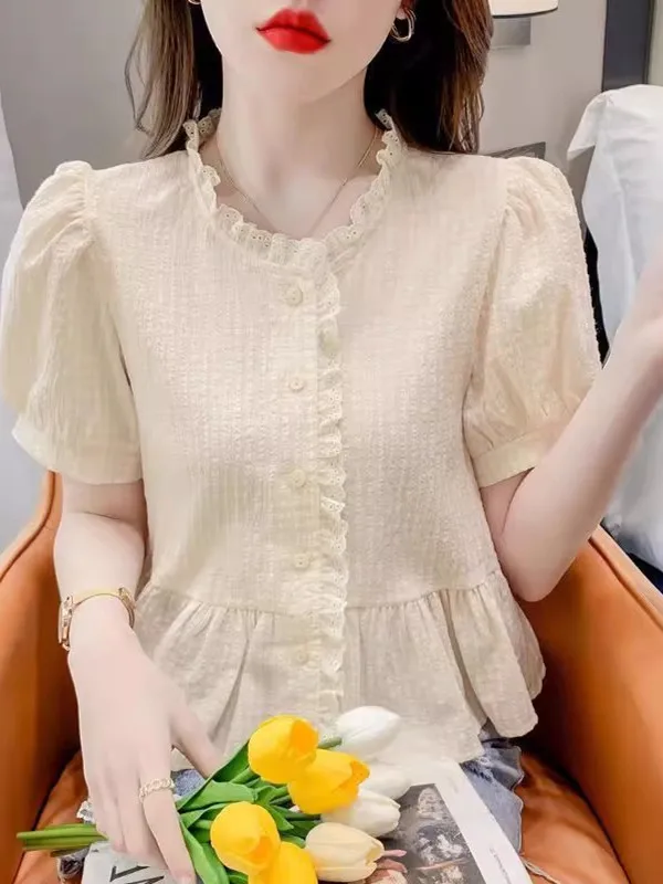 

Women's Summer ort Sve irt Waist Cinched Faionable T-irt New 2025 Chiffon Blouse Belly Covering Commute Sle Kore...