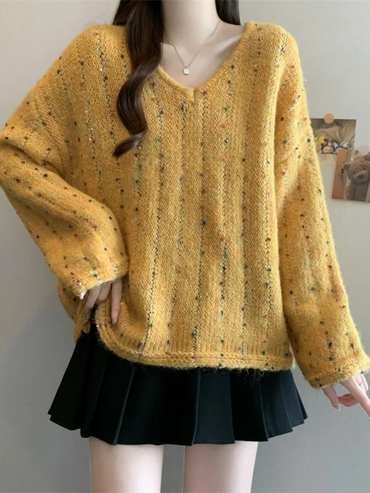 

Свободный женский вязаный свитер с V-образным вырезом и длинными рукавами, мягкий, удобный, весенняя новинка, модный топ в корейском стиле