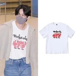 Kpop Loose Man/Women Harajuku Cotton Cartoon LOVE V Pattern T-shirt Round Neck Short Sleeve Casual Unisex Streetwear Tee Top