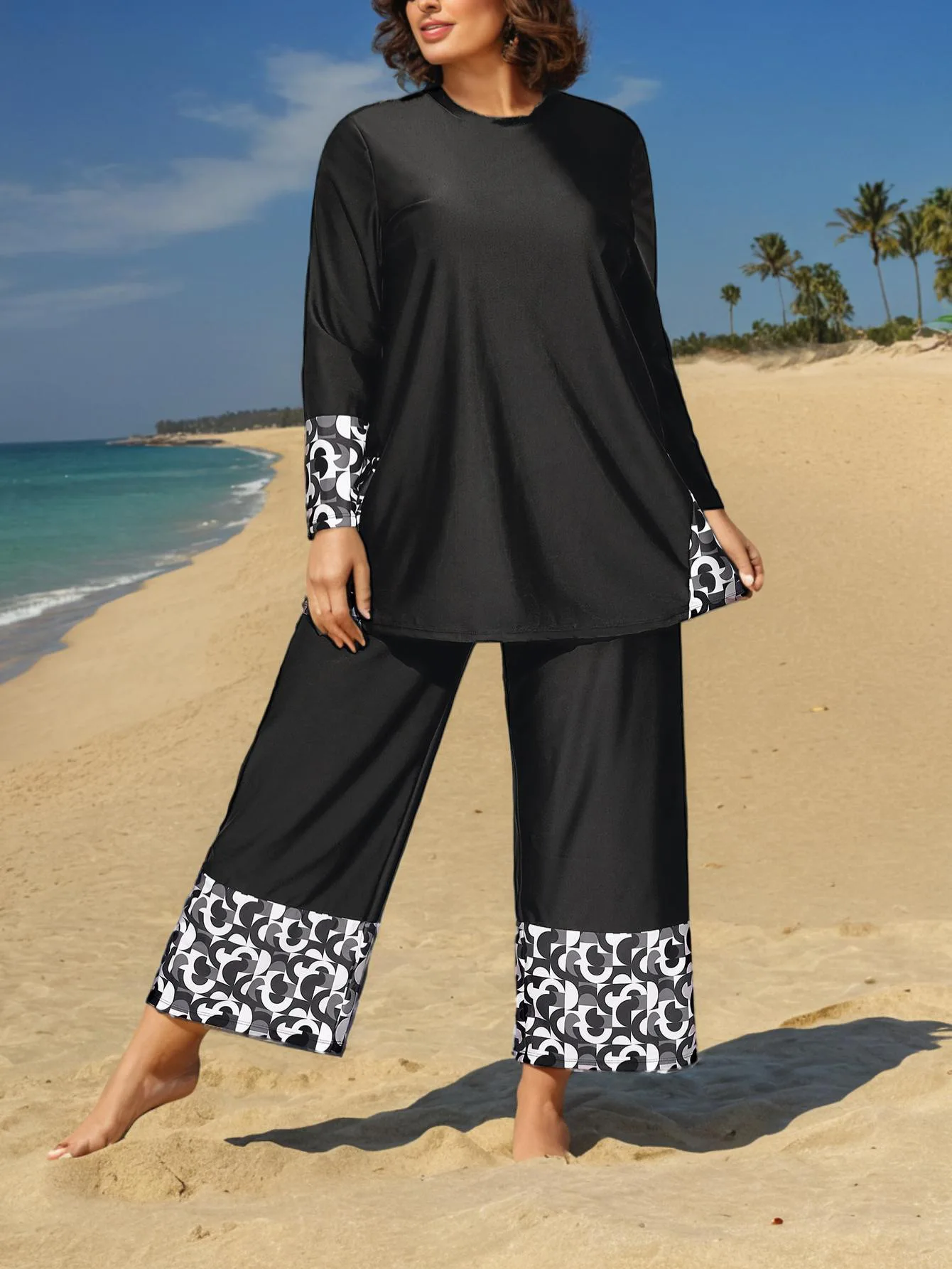 Women Muslim Swimwear Maple Leaf Printing Lslamic Clothes Hijab Long Sleeves Sport Swimsuit Burkinis Bathing Suit Abaya