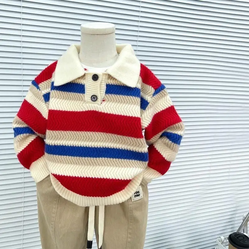 

New Boys' Sweater Thickened Striped Knitwear Autumn Winter Baby Pullover Toddler Children's Knit
