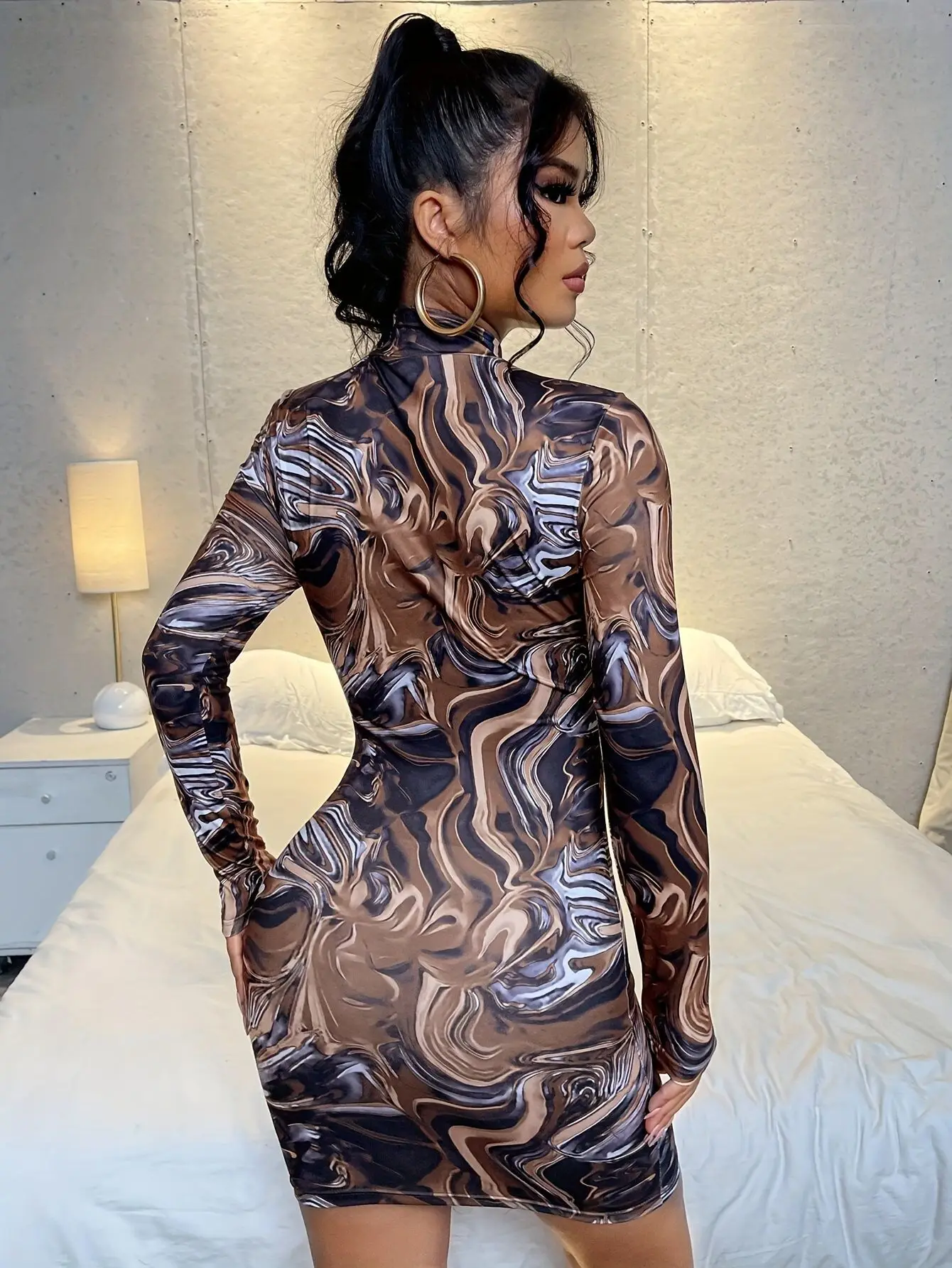 BKLD 2026 Autumn New Printed Tight Fitting Dress Sexy Club Outfits For Women Stand Collar Long Sleeve Hip Hugging Short Dresses
