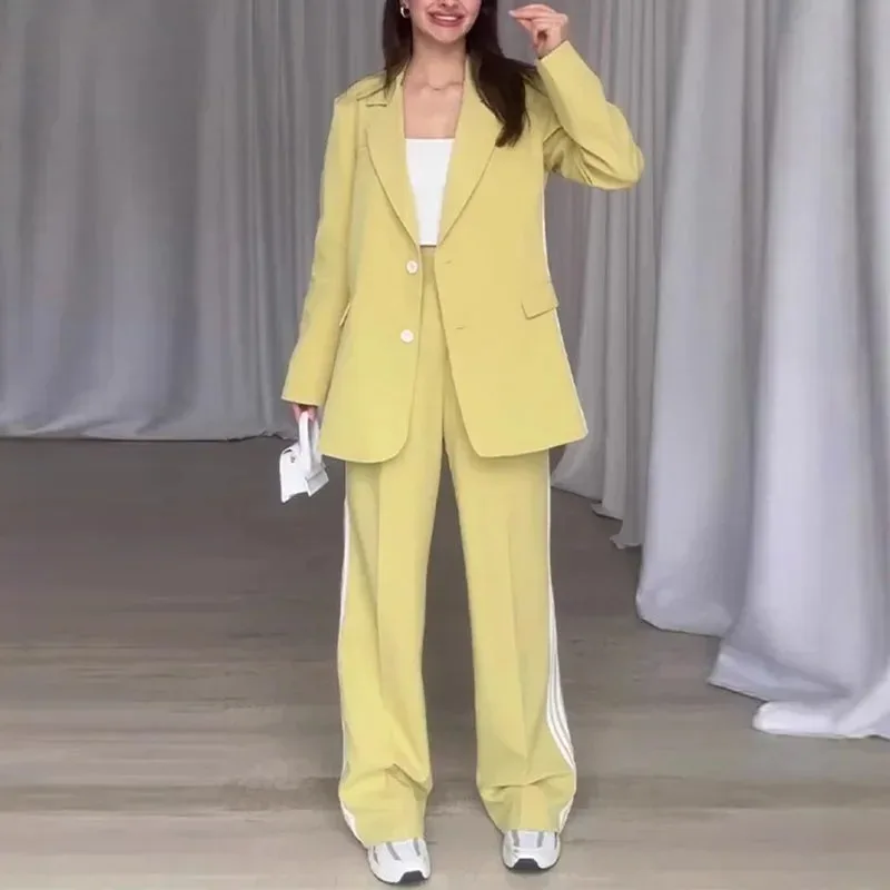 

Casual Striped Printed Pants Suits Women Lapel Single-breasted Long Sleeve Blazer Coat Wide-leg Pant 2025 Spring Lady Outfit