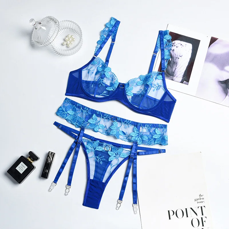 New style, sexy underwear, beautiful new bright blue flowers, garter, four sets, shapewear, suit