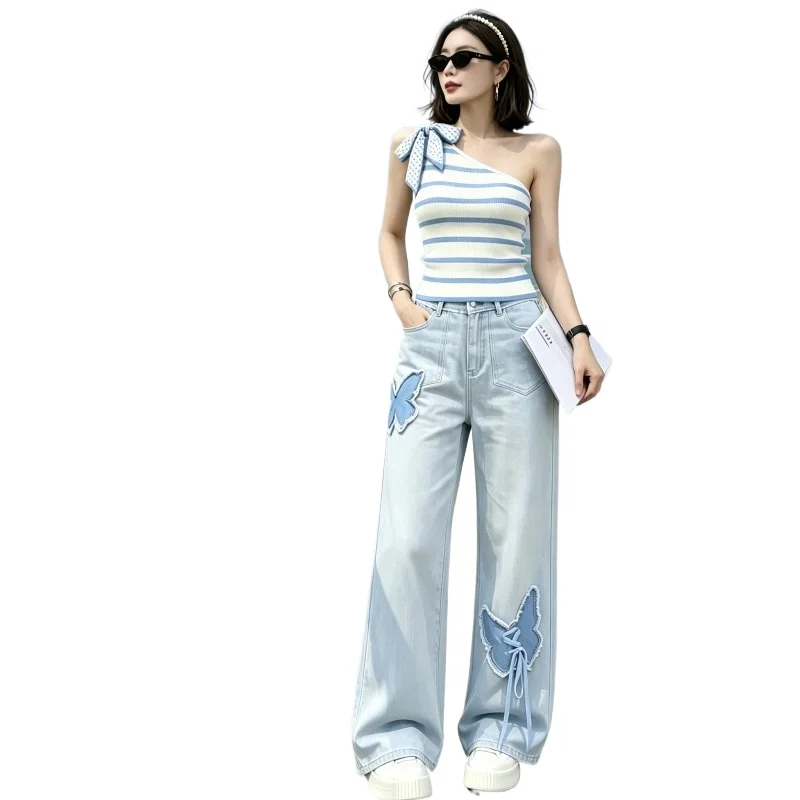 

Korean Gentle Spice Girl Contrast Color 2026 Spring New Product Striped Slash Shoulder Top Women's Summer Niche Bow Knitting