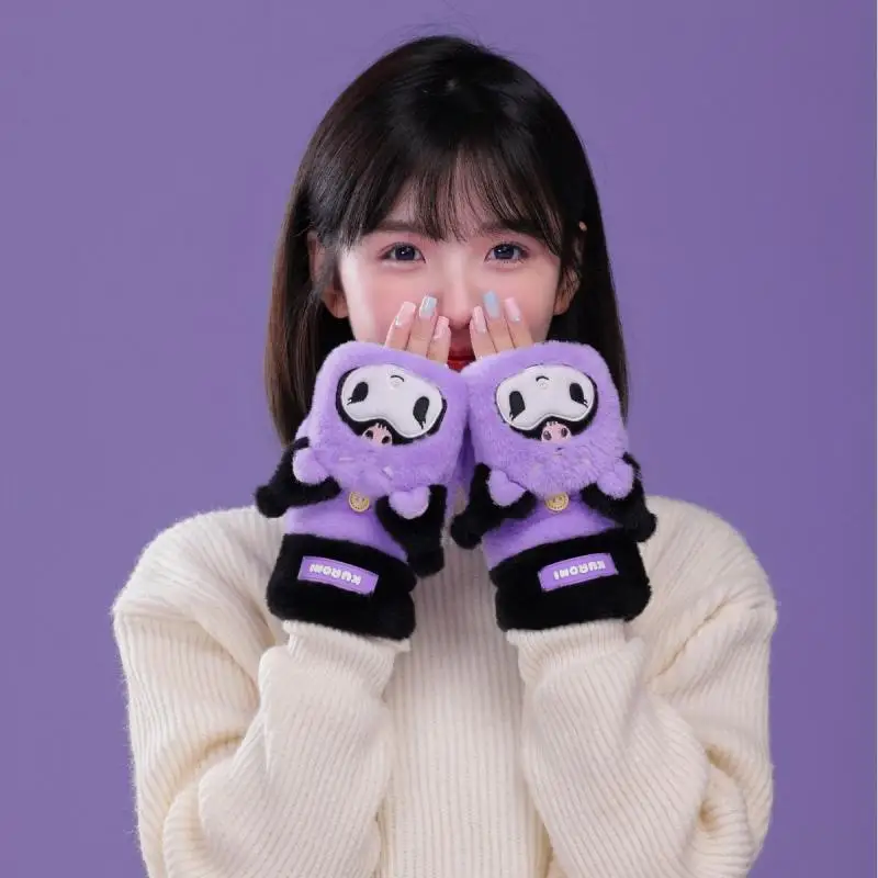 Sanrio Girls Gloves Winter Outdoor Cycling Ski Windproof Gloves Plus Velvet Warm Flip Cover My Melody Kuromi Clothing Gift