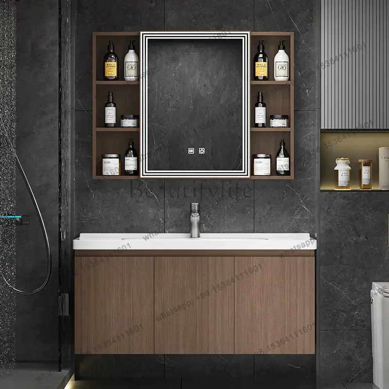Medieval walnut stainless steel bathroom cabinet combination bathroom ceramic integrated wash basin cabinet