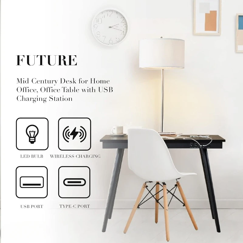 39” Modern Desk with USB-C Charging Station, Mid Century Modern Desk with Fast Charging USB-A, USB-C, and Qi Wireless Charging