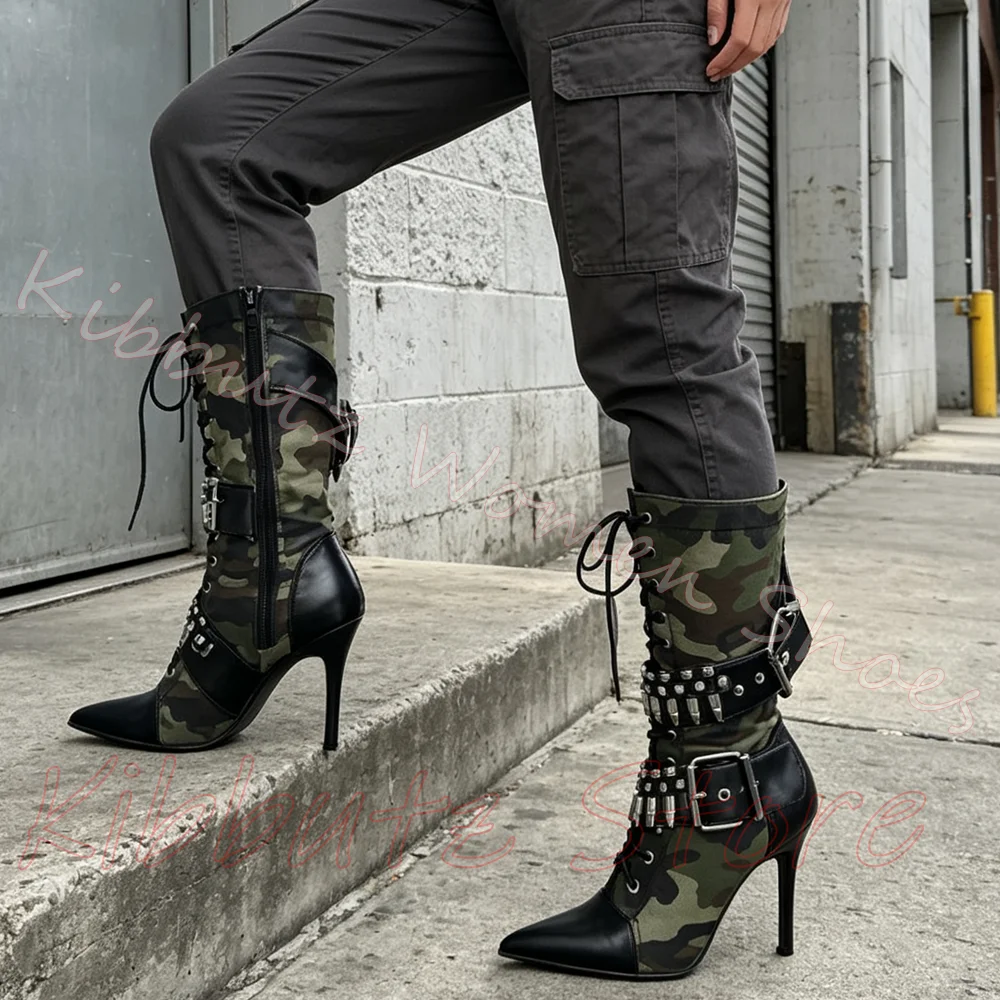 Buckle Stud Knee High Boots Pointed Toe Stiletto Heel Women Side Lace Up Zipper Punk Rock Combat Leather Mixed Color Shoes Sexy
