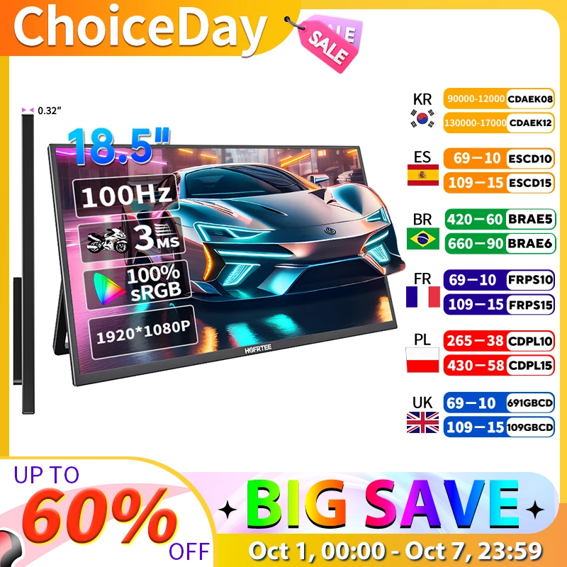 

HGFRTEE 18,5-дюймовый портативный монитор, 100% sRGB, 100 Гц, расширенный дисплей для портативных ПК, PS5, переключатель для iPhone с отверстием VESA и задним кронштейном