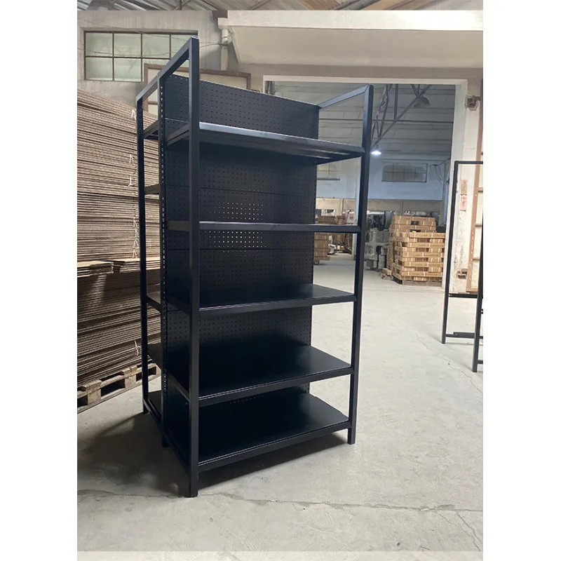 custom.Factory Custom Black Supermarket Shelf Double-Sided Display Rack with 5 Layers and 4 Posts Size 93*90*180CM