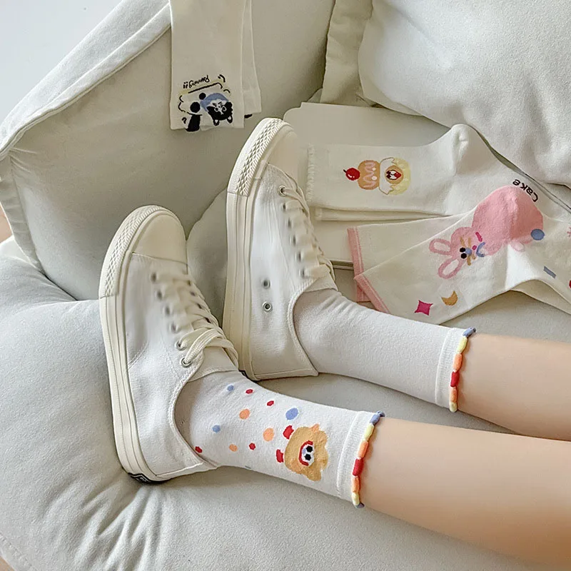 Spring Autumn Women's Socks Sweet Girls Cute Cartoon White Solid Color Simple School Style Mid-tube Fashion Princess Sock Kawai