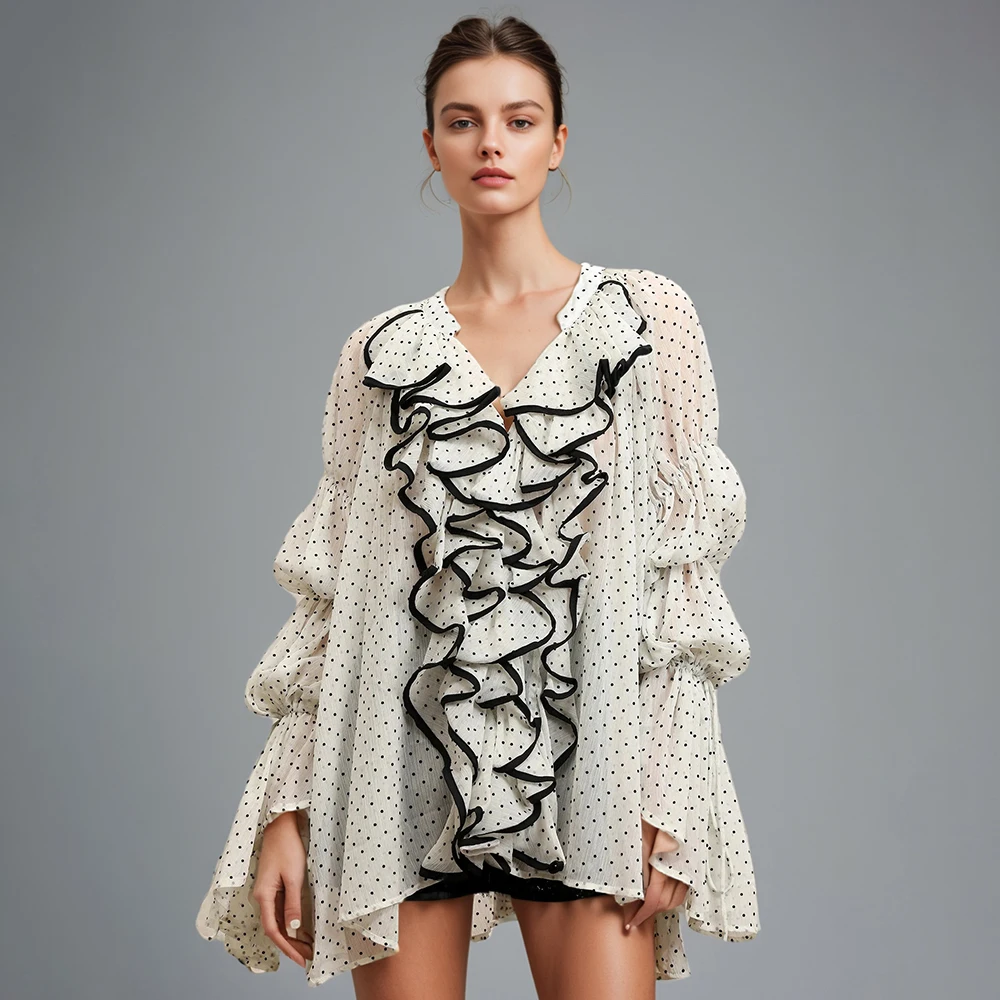 

White Spliced Dot Printing Basics Shirt Female V Neck Long Sleeve Loose Irregular Women's Shirts Summer Fashion New