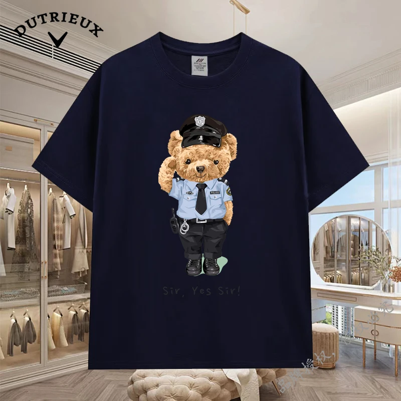 2024 New Luxury Bear Short Sleeved Men's and Women's Loose 230g Fabric weight Cotton Versatile Round Neck Breathable Inner Layup