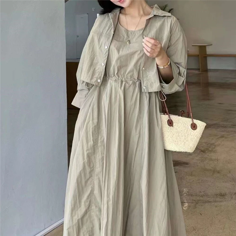 Autumn Vintage 2 Pieces Women\'s Outfit Sets Long Sleeve Single Breated Short Outwear and Tank Long Dress Suits Female 2024 New