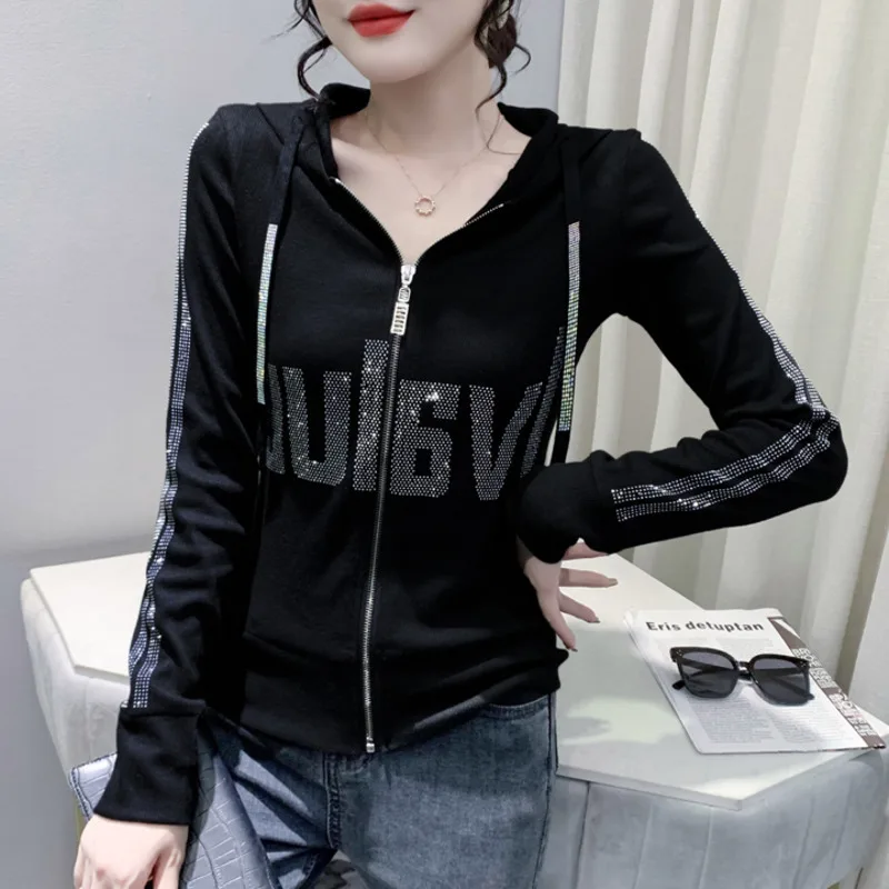 #8384Black Grey Women Hoodies Sweatshirt Tops Pullovers Diamonds Letters Slim Streetwear Short Hoodies Woman Zipper Korean Style