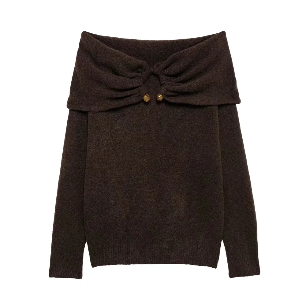 

UNIZERA Curled Collar Straight Collar Long Sleeve Off Shoulder Knitted Shirt for Women's New Autumn/Winter Collection